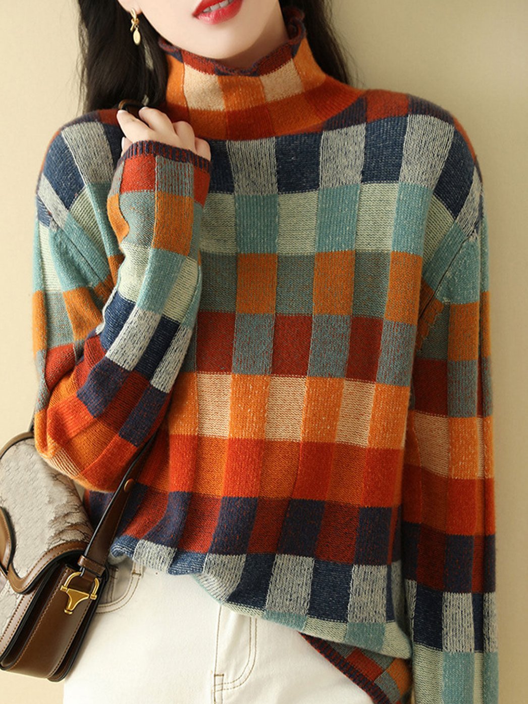 Caroline – Loose Turtleneck Plaid Knitted Jumper