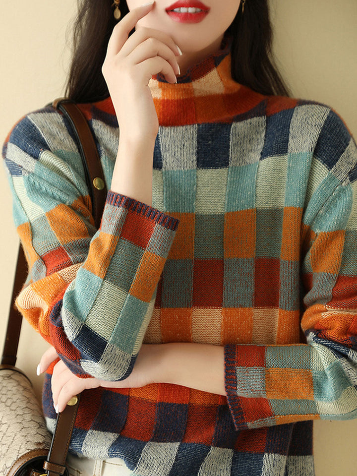 Caroline – Loose Turtleneck Plaid Knitted Jumper – image 3