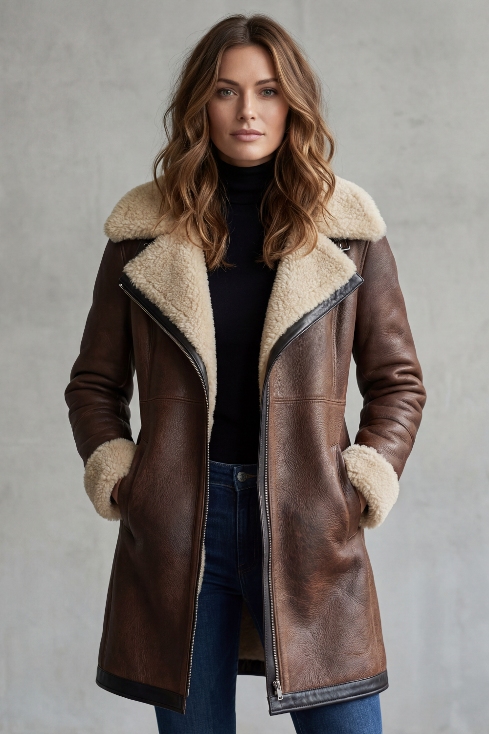 Everlyn – Elegant Leather Coat with Shearling Lining