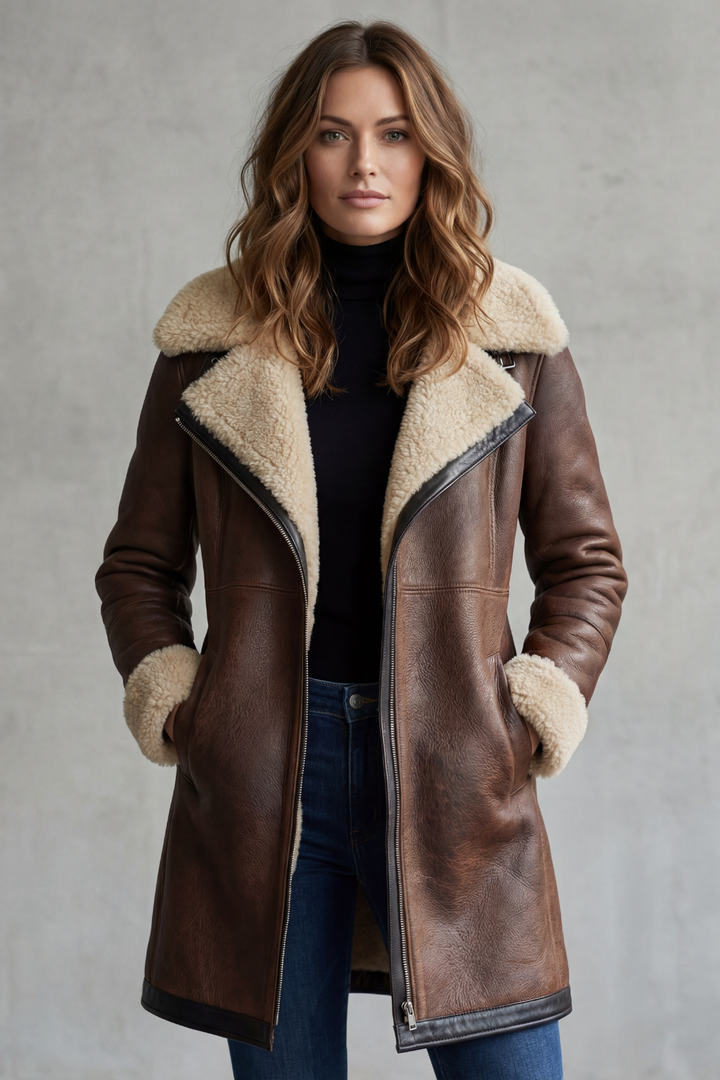Everlyn – Elegant Leather Coat with Shearling Lining