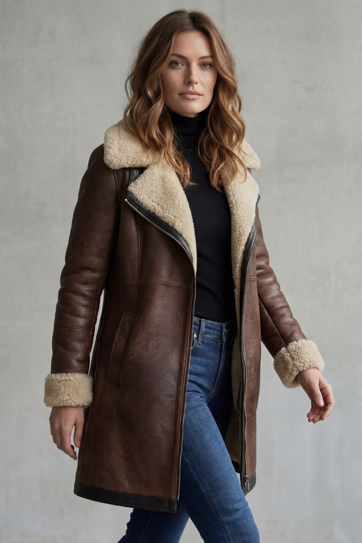 Everlyn – Elegant Leather Coat with Shearling Lining
