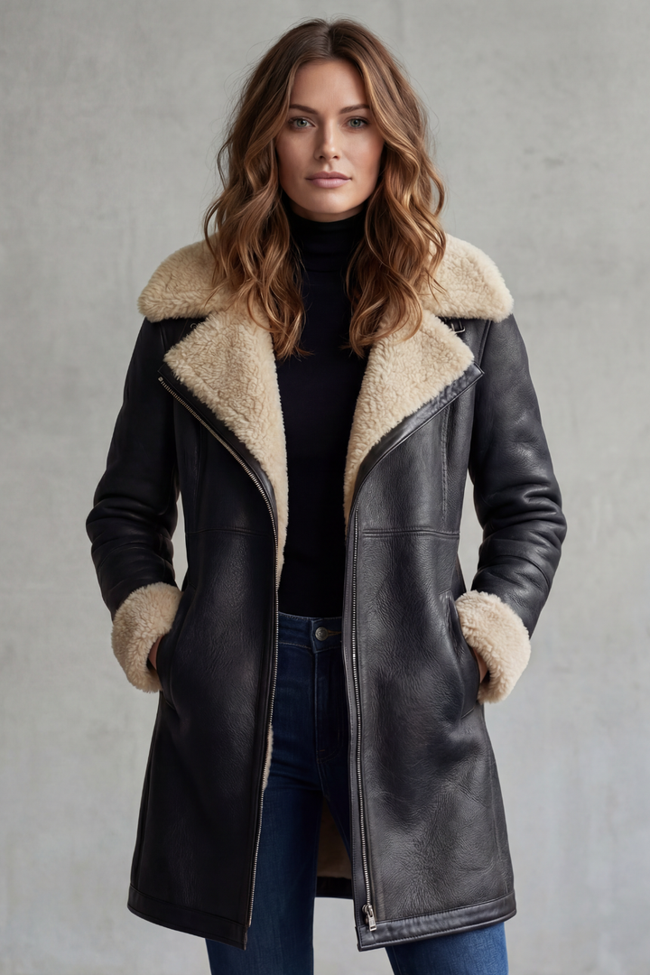 Everlyn – Elegant Leather Coat with Shearling Lining
