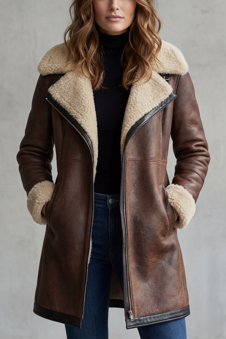 Everlyn – Elegant Leather Coat with Shearling Lining