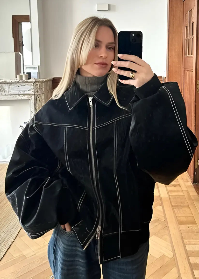 Casual Oversized Leather Jacket - 8